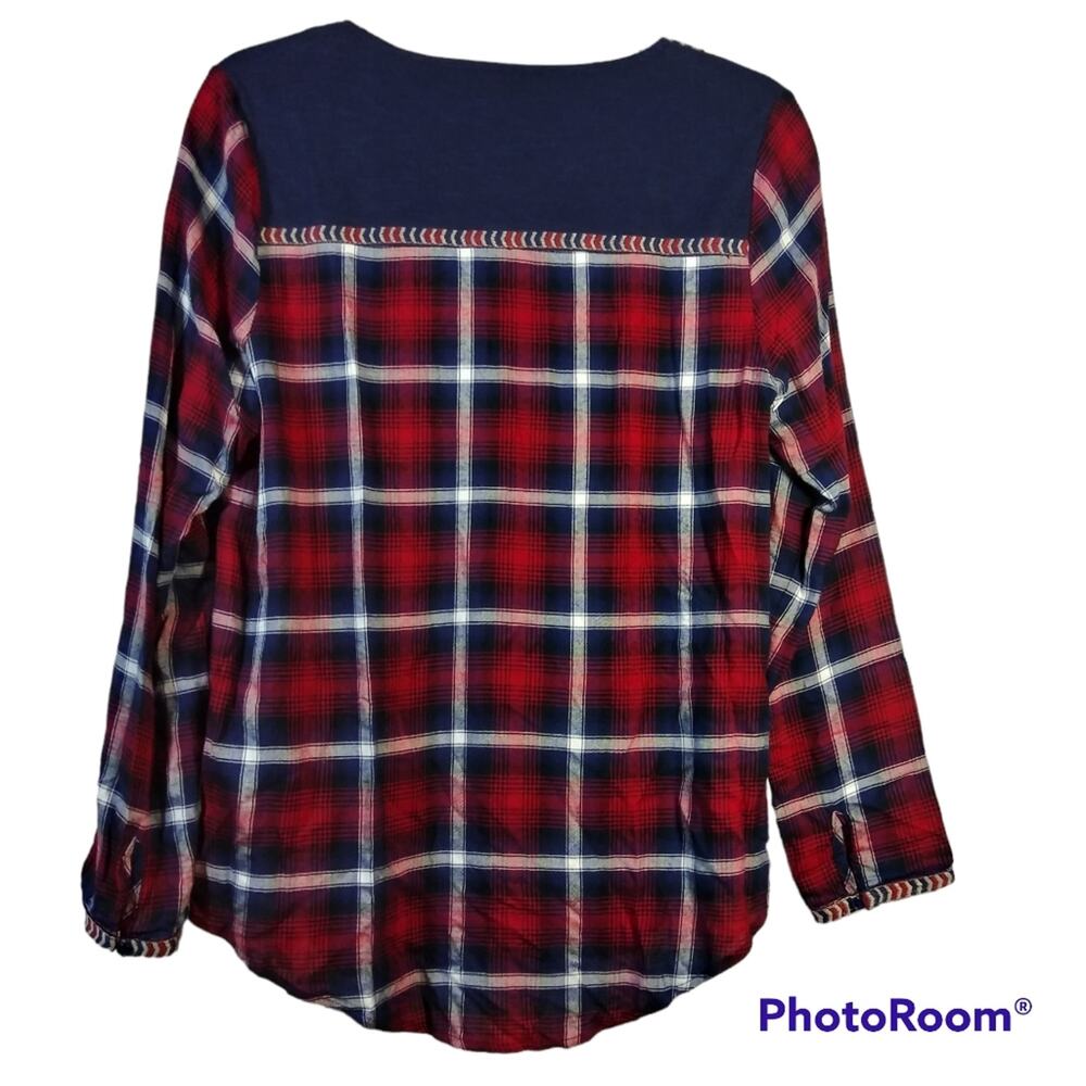 THML Red Blue Plaid Embroidered Western Pop Over Top Size M - Picture 3 of 8